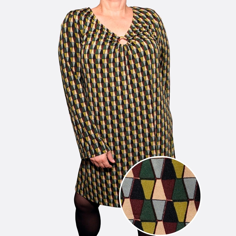 Emma & Michele Retro Geometric Shift Dress L 12 14 Long Bell Sleeve 60s 70s NWT